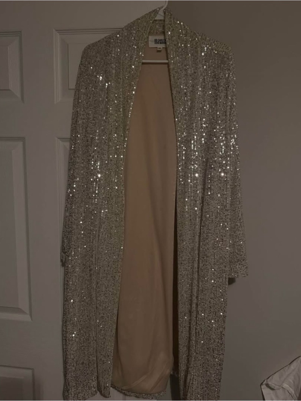 Sequin Open-Front Duster Cardigan in Silver